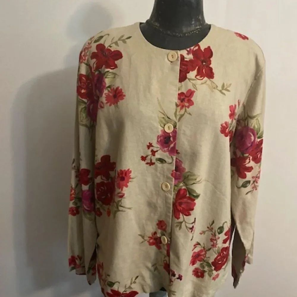 Susan Graver Tan/Raspberry Floral print button-down Blazer. size XL